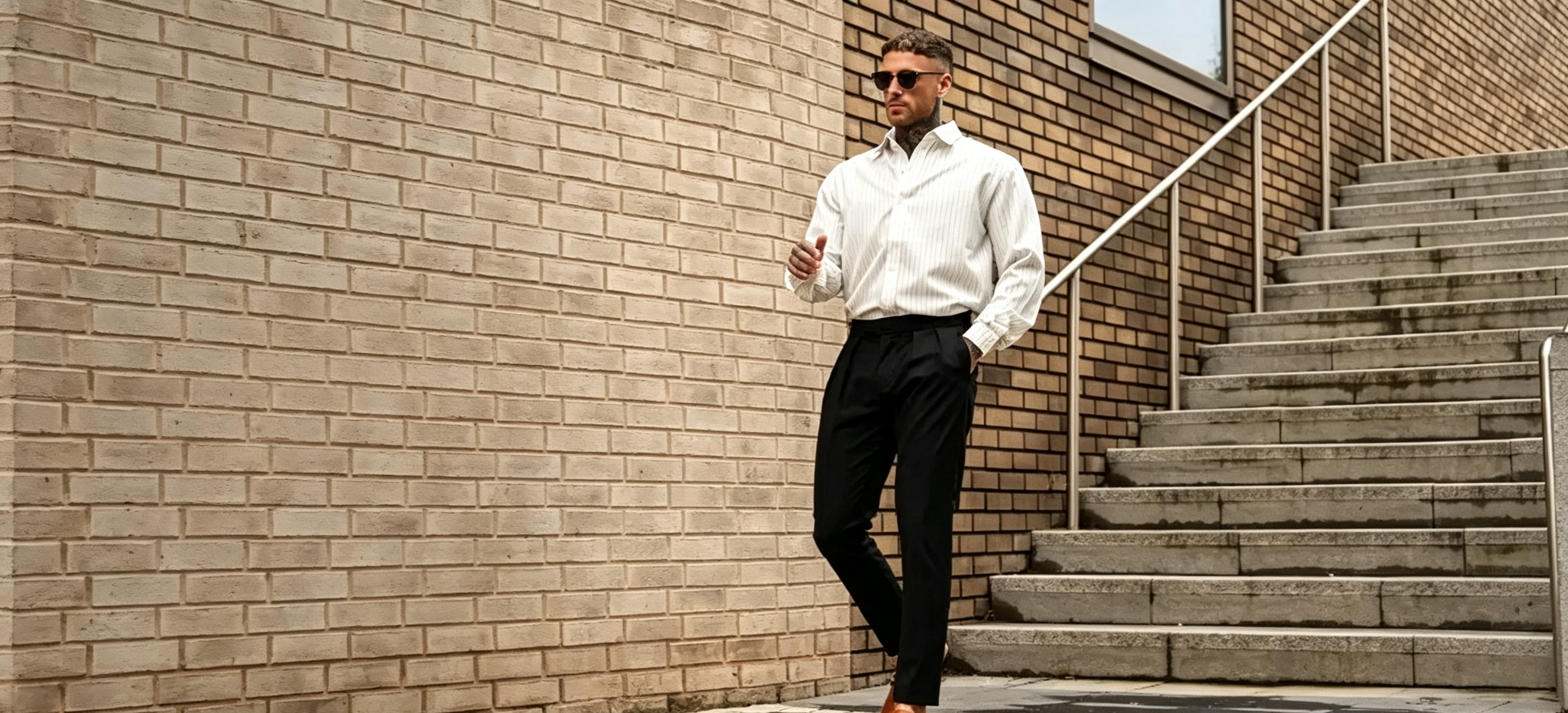A man wearing a white long-sleeve button-up shirt, black trousers, and sunglasses walks down outdoor concrete stairs next to a beige brick wall.