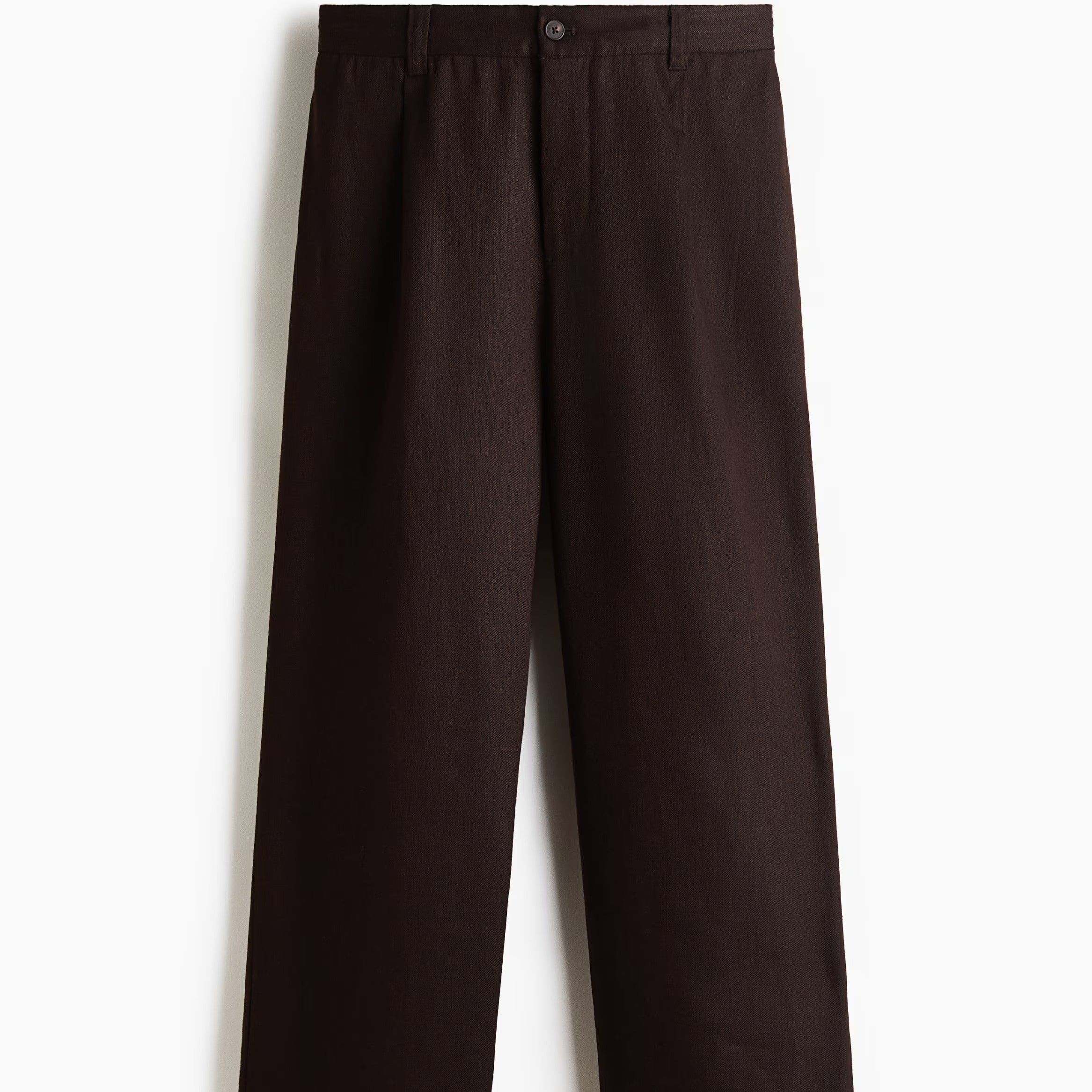 Dark brown straight-leg trousers shown flat against a clean white background.