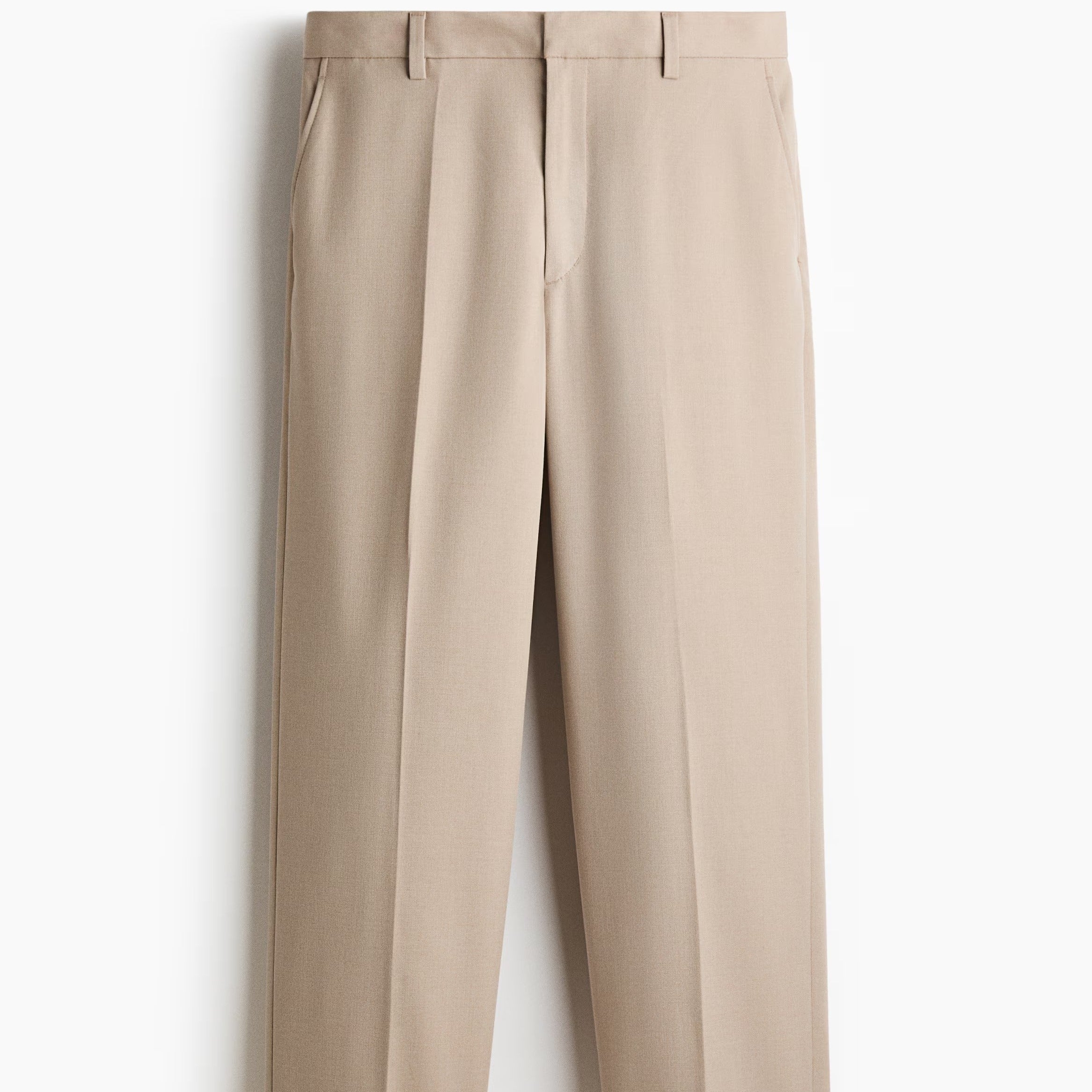 A pair of straight-leg trousers in a light beige or khaki color, shown flat against a clean white background.